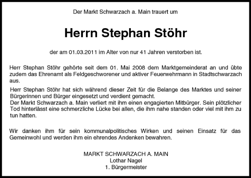  Traueranzeige für Stephan Stöhr vom 03.03.2011 aus MGO
