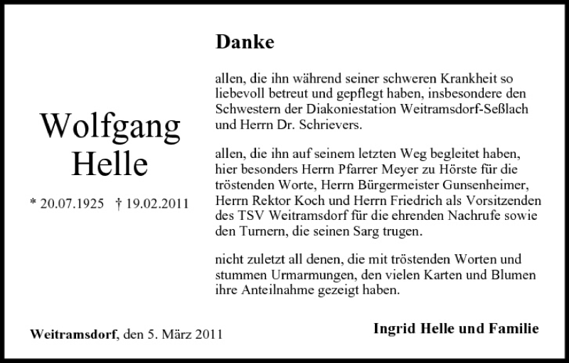  Traueranzeige für Wolfgang Helle vom 05.03.2011 aus MGO