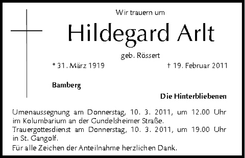  Traueranzeige für Hildegard Arlt vom 08.03.2011 aus MGO