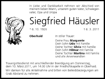 Anzeige von Siegfried Häusler von MGO
