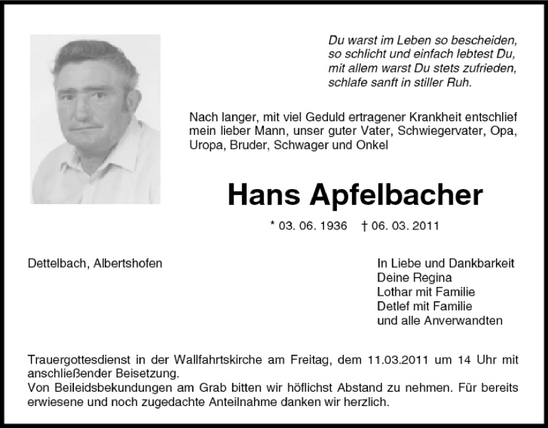  Traueranzeige für Hans Apfelbacher vom 08.03.2011 aus MGO