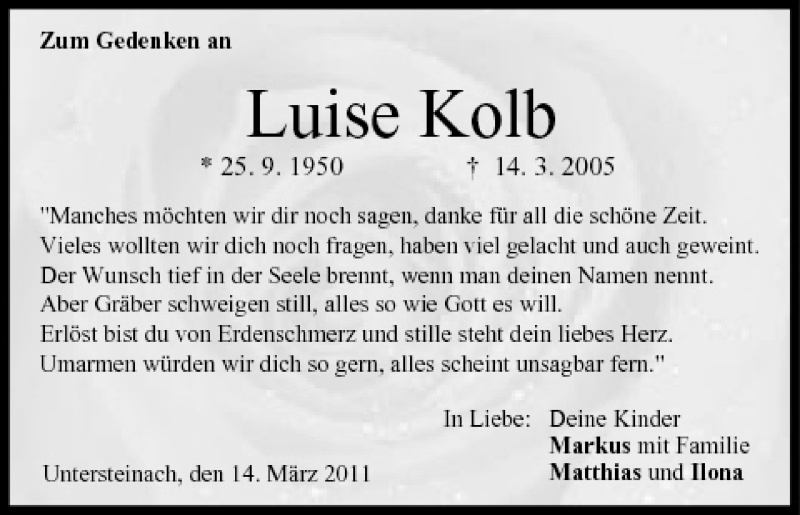  Traueranzeige für Luise Kolb vom 14.03.2011 aus MGO
