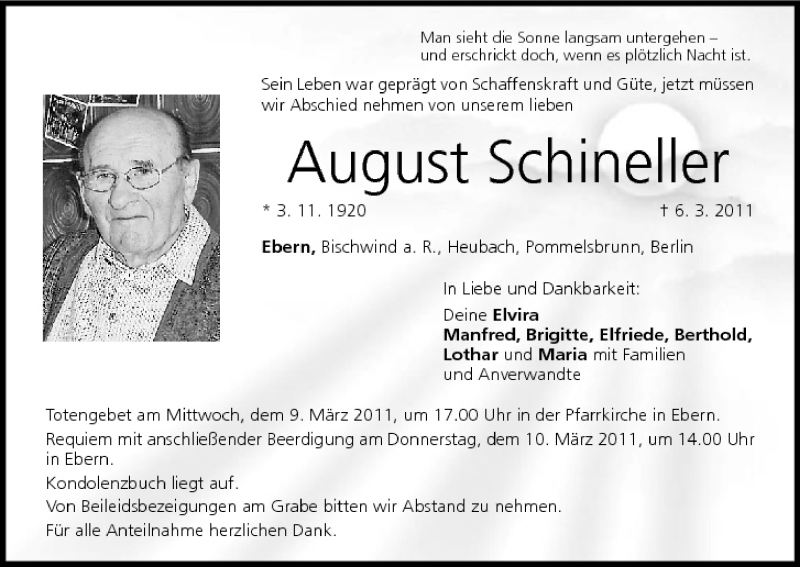  Traueranzeige für August Schineller vom 08.03.2011 aus MGO