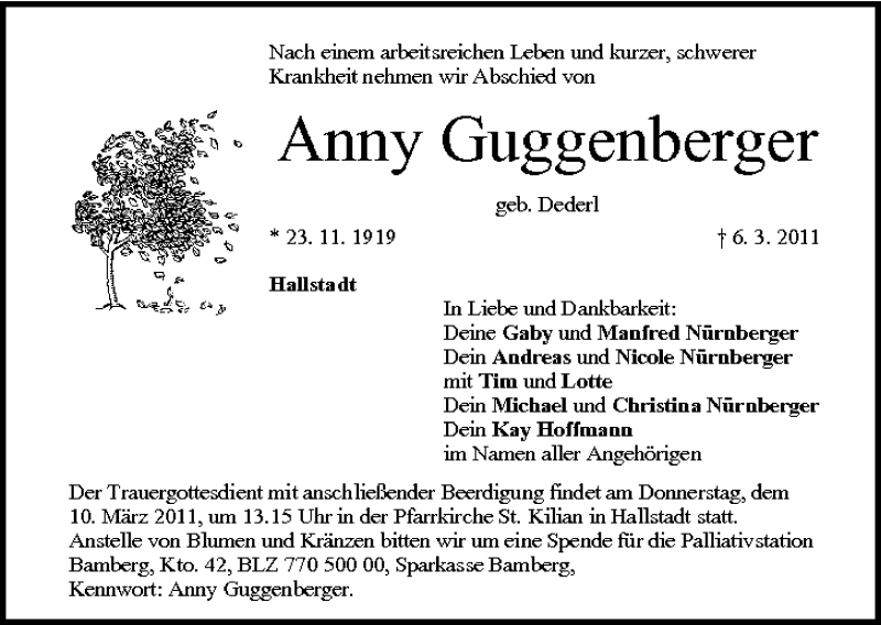  Traueranzeige für Anny Guggenberger vom 08.03.2011 aus MGO