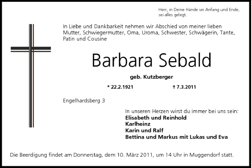  Traueranzeige für Barbara Sebald vom 09.03.2011 aus MGO