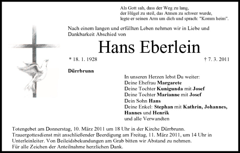  Traueranzeige für Hans Eberlein vom 09.03.2011 aus MGO