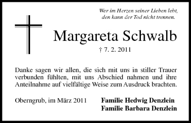  Traueranzeige für Margareta Schwalb vom 12.03.2011 aus MGO