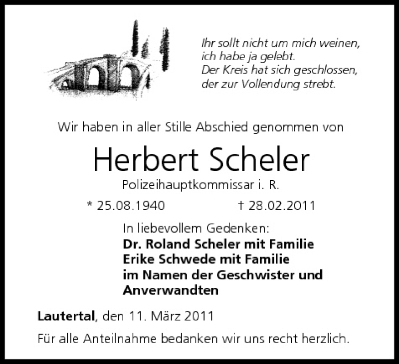  Traueranzeige für Herbert Scheler vom 11.03.2011 aus MGO