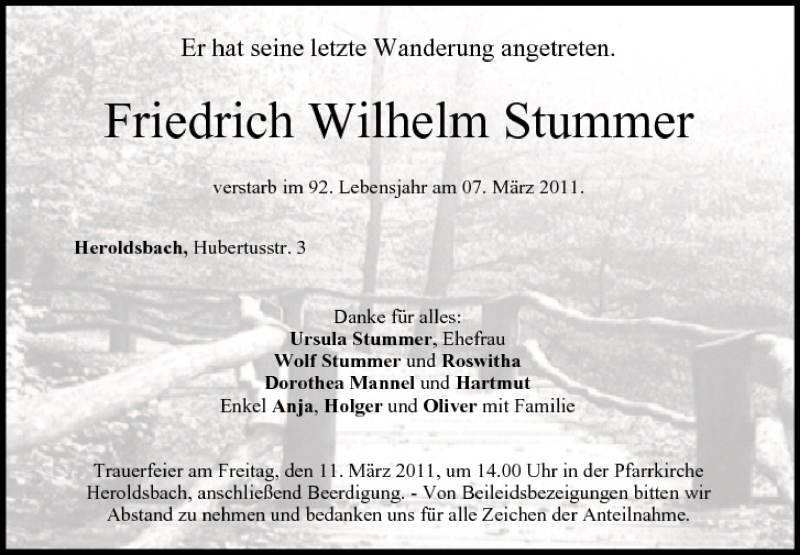  Traueranzeige für Friedrich Wilhelm vom 10.03.2011 aus MGO
