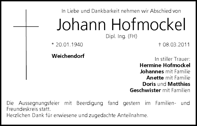  Traueranzeige für Johann Hofmockel vom 12.03.2011 aus MGO