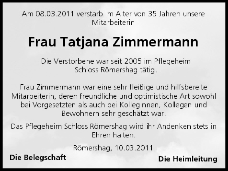  Traueranzeige für Tatjana Zimmermann vom 15.03.2011 aus MGO