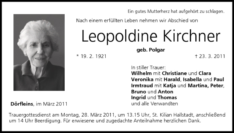 Traueranzeige für Leopoldine Kirchner vom 26.03.2011 aus MGO