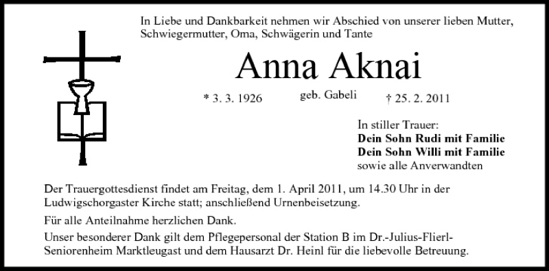  Traueranzeige für Anna Aknai vom 30.03.2011 aus MGO