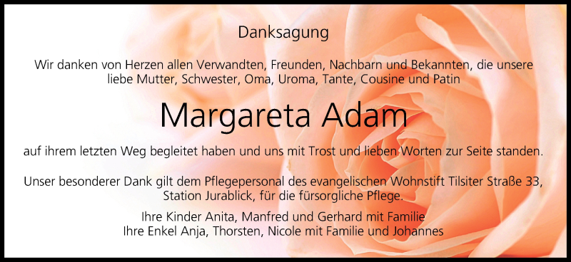  Traueranzeige für Margareta Adam vom 05.10.2015 aus MGO