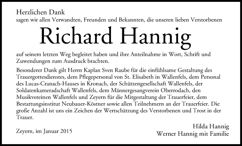  Traueranzeige für Richard Hannig vom 27.01.2015 aus MGO