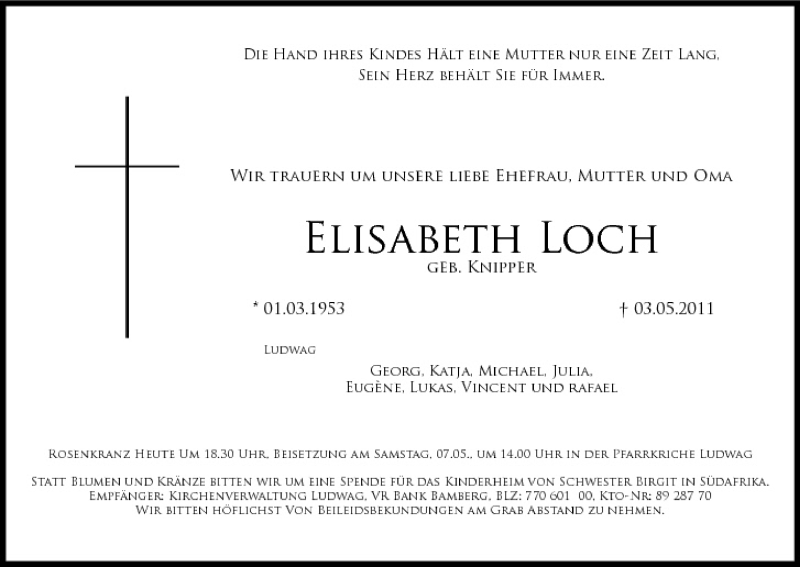  Traueranzeige für Elisabeth Loch vom 06.05.2011 aus MGO