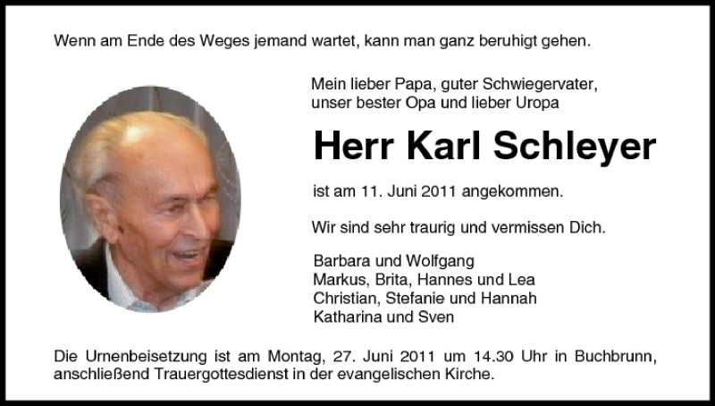  Traueranzeige für Karl Schleyer vom 18.06.2011 aus MGO