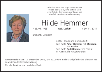 Anzeige von Hilde Hemmer von MGO