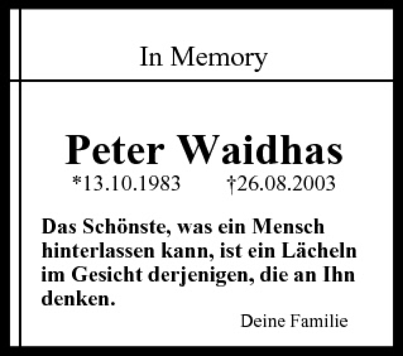  Traueranzeige für Peter Waidhas vom 26.08.2011 aus MGO