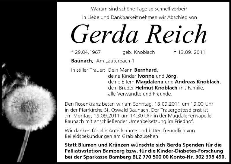  Traueranzeige für Gerda Reich vom 16.09.2011 aus MGO