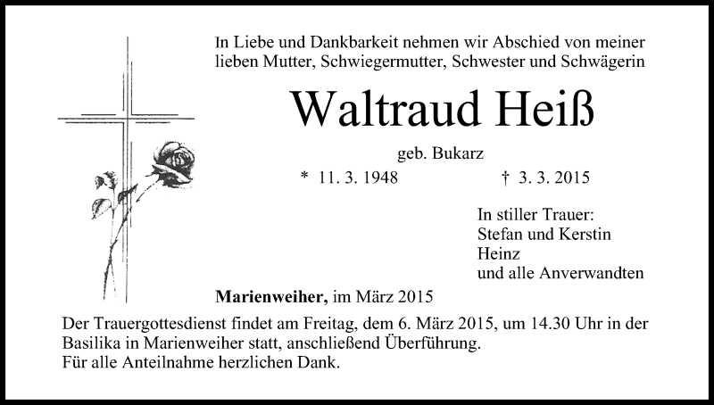  Traueranzeige für Waltraud Heiß vom 04.03.2015 aus MGO