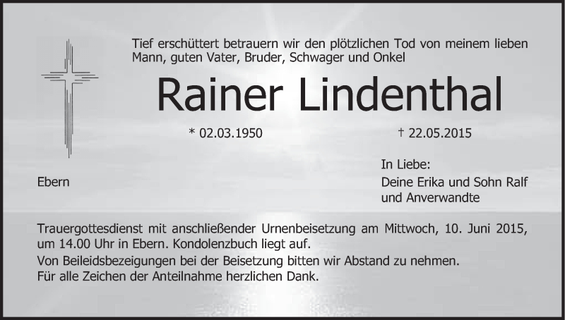  Traueranzeige für Rainer Lindenthal vom 06.06.2015 aus MGO