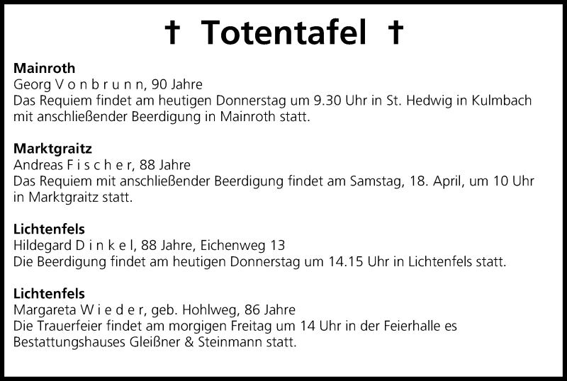  Traueranzeige für Totentafel vom 16.04.2015 vom 16.04.2015 aus MGO