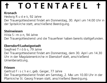 Anzeige von Totentafel vom 30.04.2015 von MGO