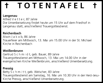 Anzeige von Totentafel vom 12.05.2015 von MGO