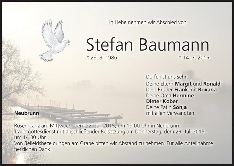  Traueranzeige für Stefan Baumann vom 20.07.2015 aus MGO