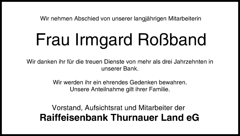  Traueranzeige für Irmgard Roßband vom 23.04.2015 aus MGO