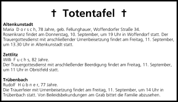 Anzeige von Totentafel vom 10.09.2015 von MGO
