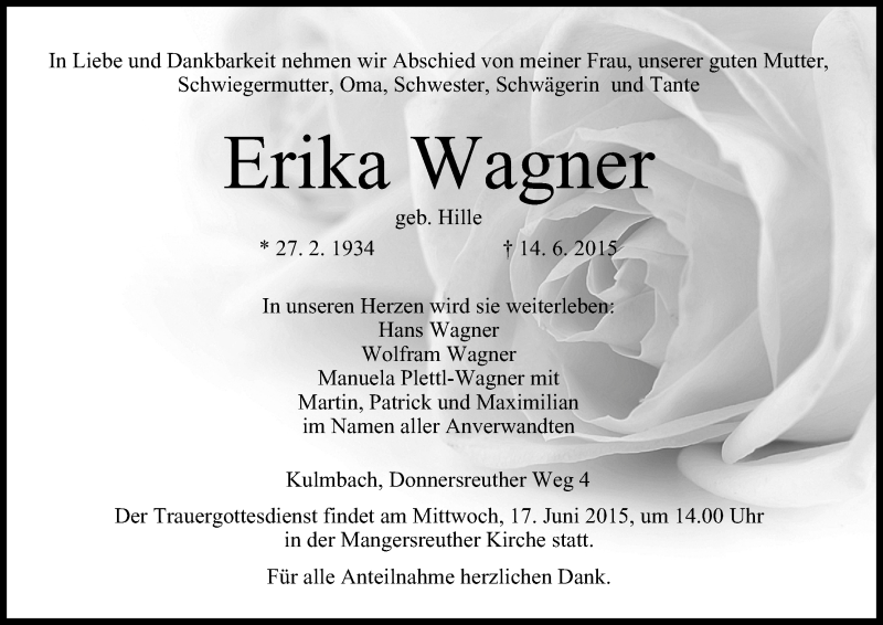  Traueranzeige für Erika Wagner vom 16.06.2015 aus MGO