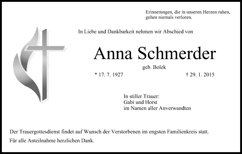  Traueranzeige für Anna Schmerder vom 02.02.2015 aus MGO