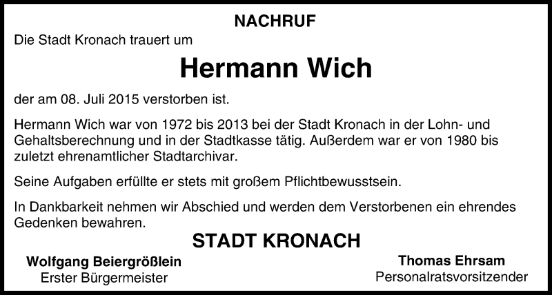  Traueranzeige für Hermann Wich vom 14.07.2015 aus MGO