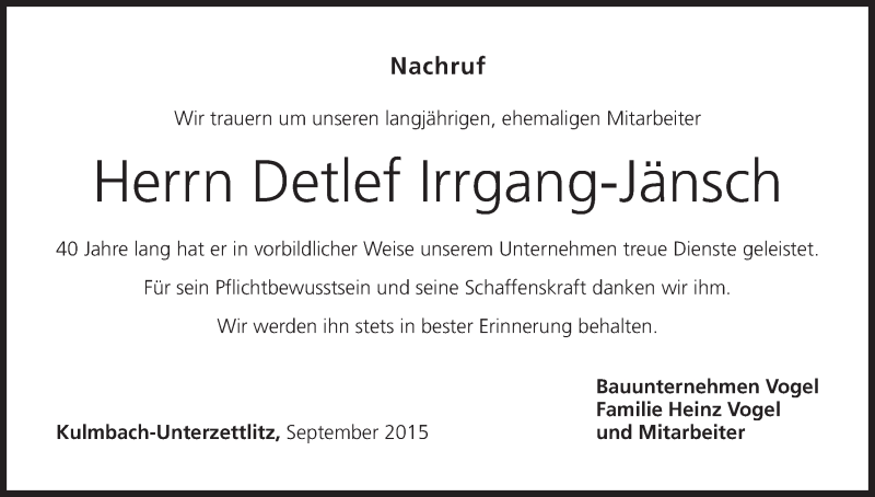  Traueranzeige für Detlef Irrgang-Jänsch vom 12.09.2015 aus MGO