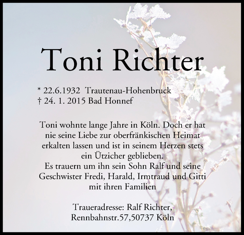  Traueranzeige für Toni Richter vom 31.01.2015 aus MGO