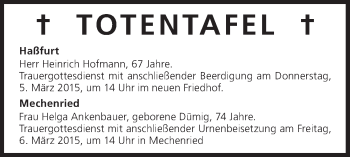 Anzeige von Totentafel vom 04.03.2015 von MGO