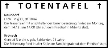 Anzeige von Totentafel vom 12.12.2015 von MGO