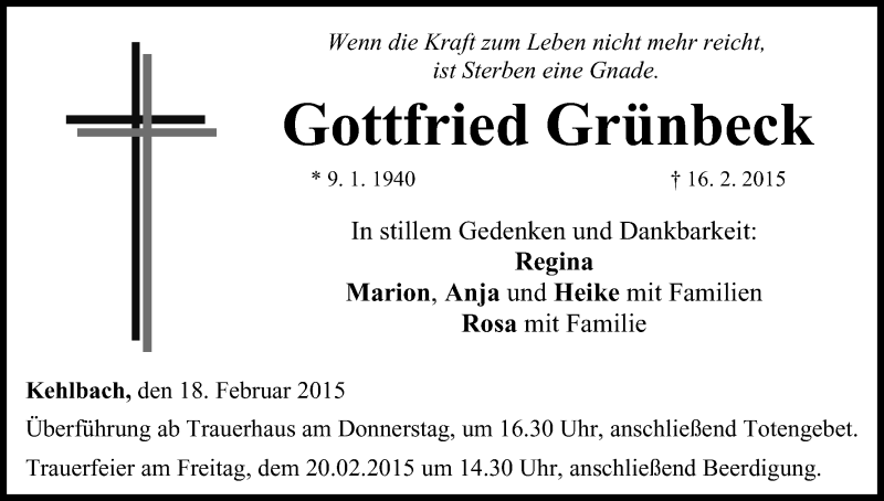  Traueranzeige für Gottfried Grünbeck vom 18.02.2015 aus MGO