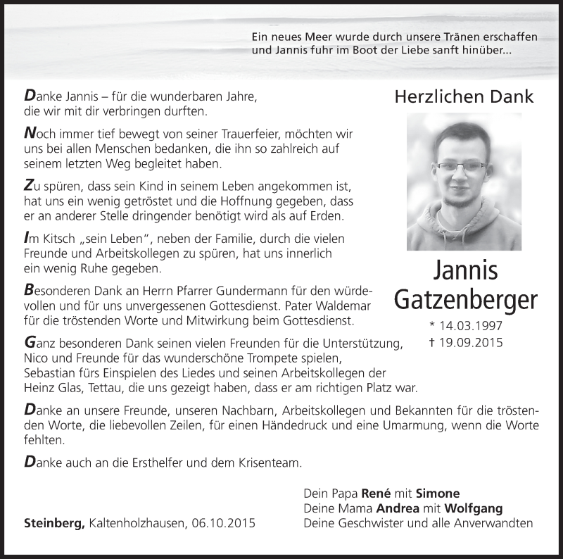  Traueranzeige für Jannis Gatzenberger vom 10.10.2015 aus MGO