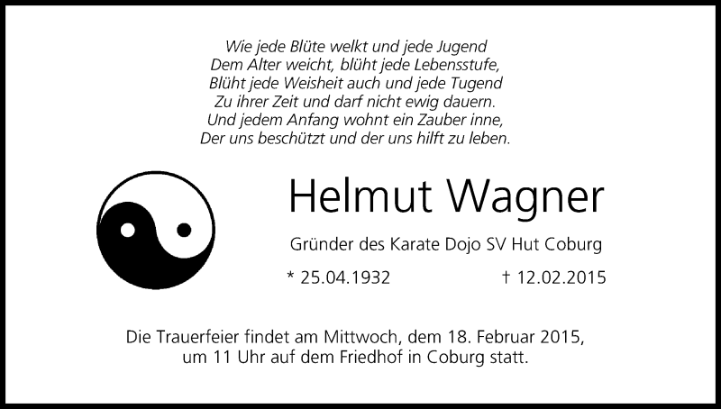  Traueranzeige für Helmut Wagner vom 14.02.2015 aus MGO