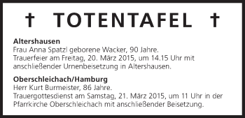Anzeige von Totentafel vom 20.03.2015 von MGO