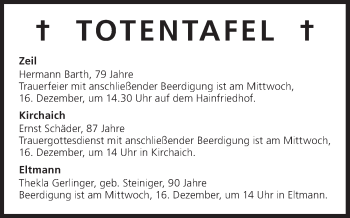 Anzeige von Totentafel vom 15.12.2015 von MGO