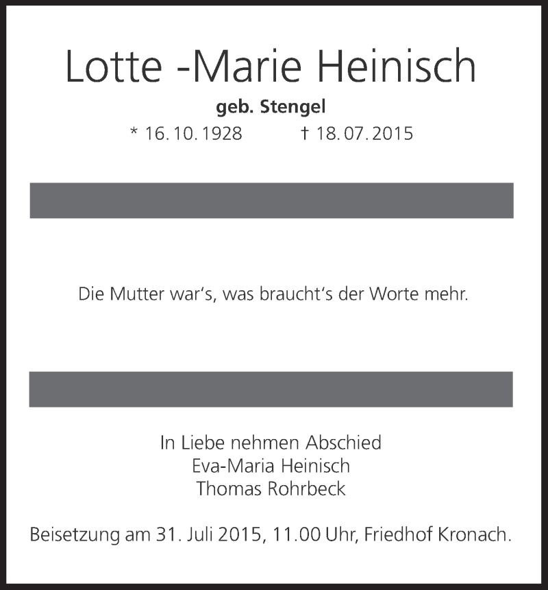 Traueranzeige für Lotte-Marie Heinisch vom 25.07.2015 aus MGO