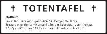 Anzeige von Totentafel vom 21.04.2015 von MGO