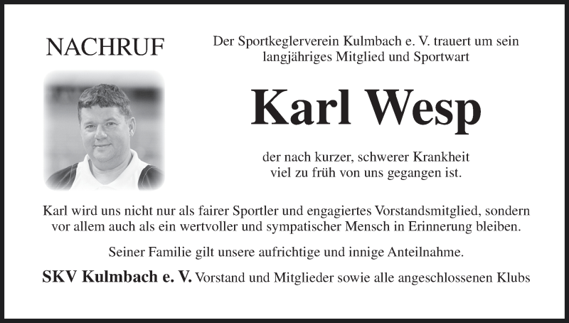  Traueranzeige für Karl Wesp vom 10.04.2015 aus MGO