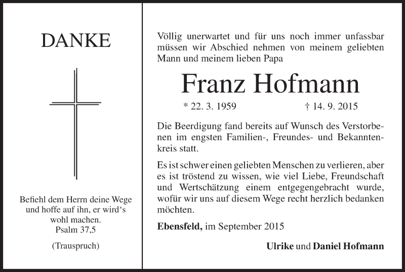  Traueranzeige für Franz Hofmann vom 26.09.2015 aus MGO