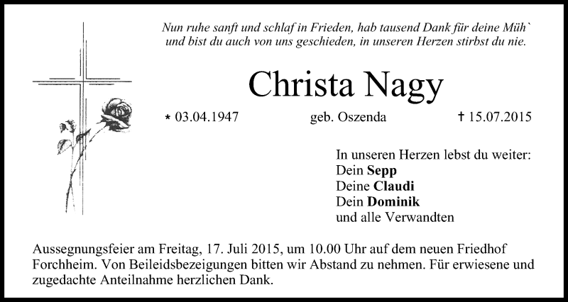  Traueranzeige für Christa Nagy vom 16.07.2015 aus MGO