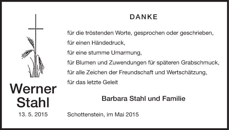  Traueranzeige für Werner Stahl vom 23.05.2015 aus MGO